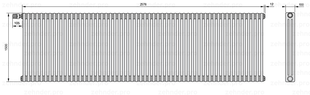 Схема (чертеж) Радиатор Zehnder Charleston 3150/56 №V012 Белый глянцевый RAL 9016